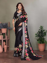 Black Dull Moss Floral Print Saree-BLCBTY1002